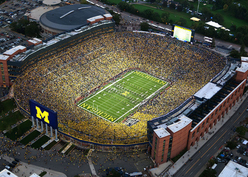 A helicopter's view of a full Michigan Stadium, nicknamed the Big House