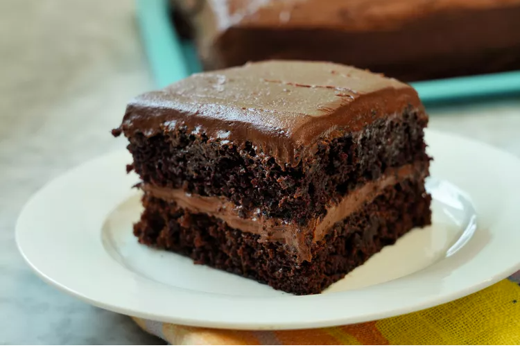 Slice of chocolate cake sitting on a plate