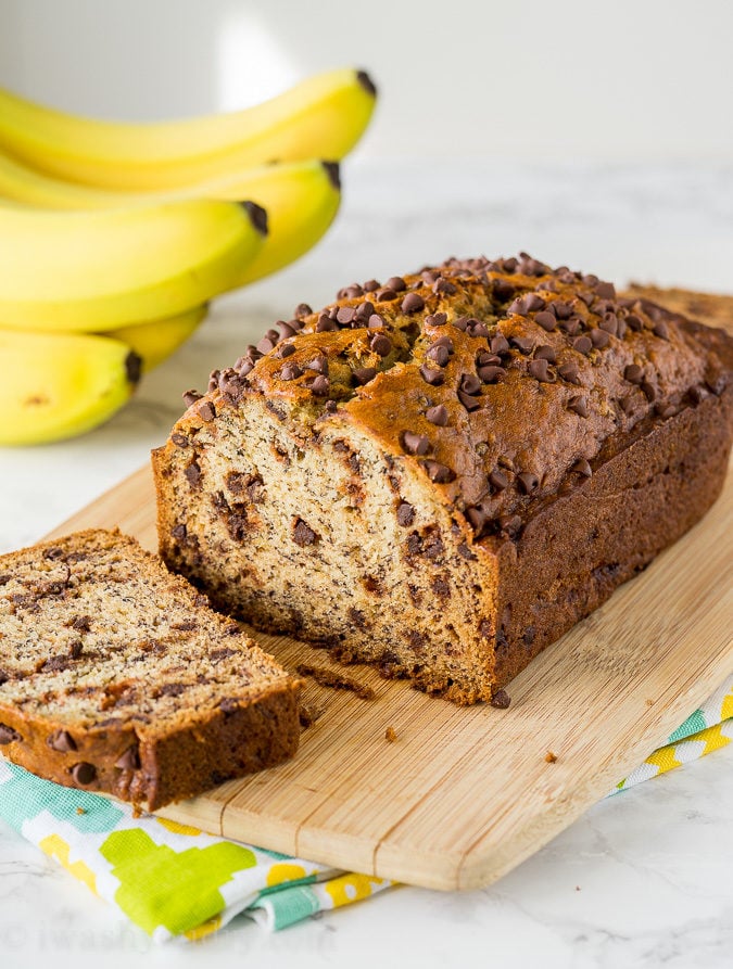 Full portion of chocolate chip banana bread in serving dish