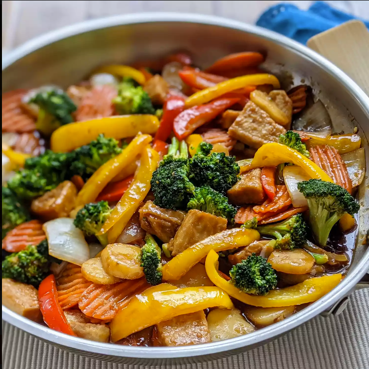 Close-up view of beef stir fry dish