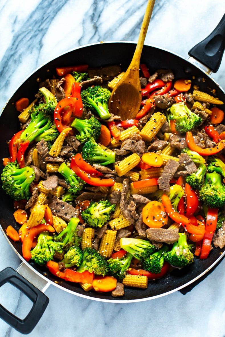 Beef stir fry in a pot